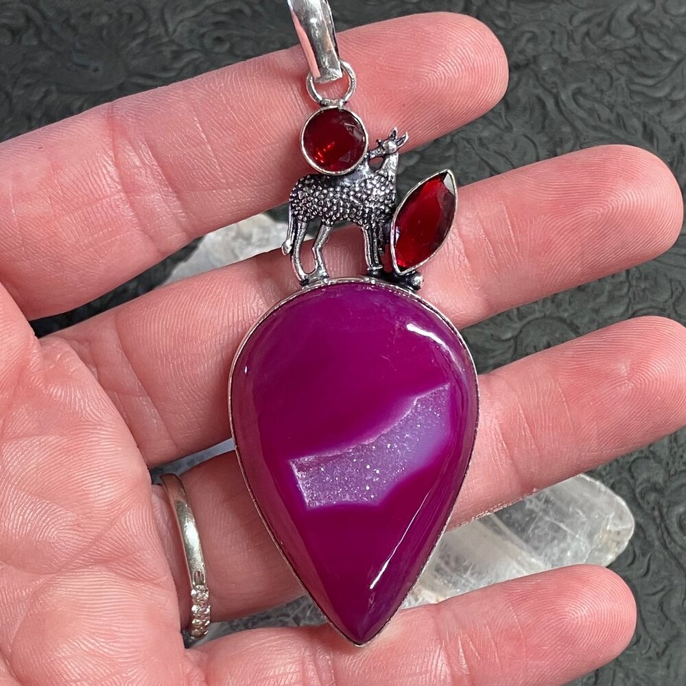 Doe Deer Pendant Ornament Witchy Fairycore Fantasy Pink Agate Crystal Stone Jewe